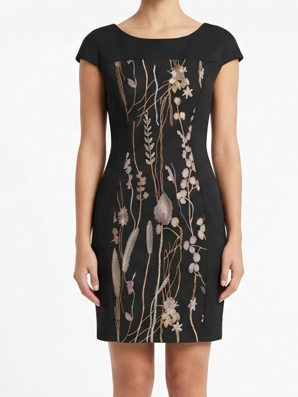 Connected Apparel Black Sheath Dress with Metallic Floral Embroidery
